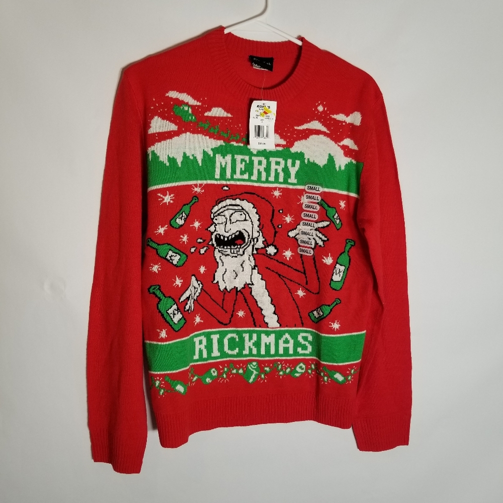 Rick and Morty Sweater Men's Small Merry Rickmas Long Sleeve Ugly Christmas Red